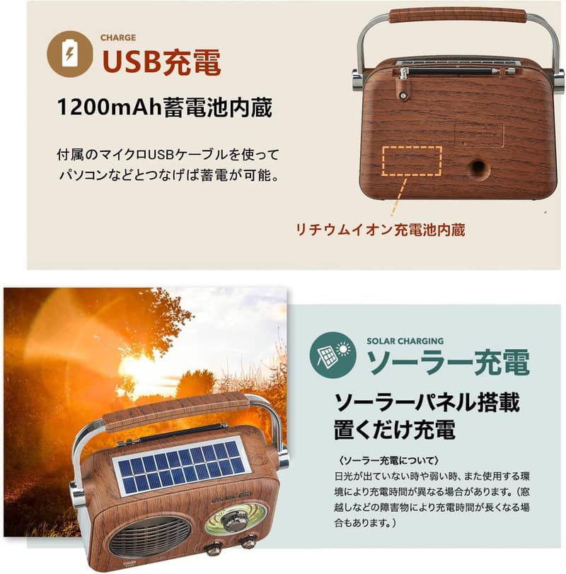 高感度ポータブルラジオ FM/AM/SW/Wide FM対応 USB/SDカード MP3プレーヤー LEDライト付き 充電式レトロデザイン