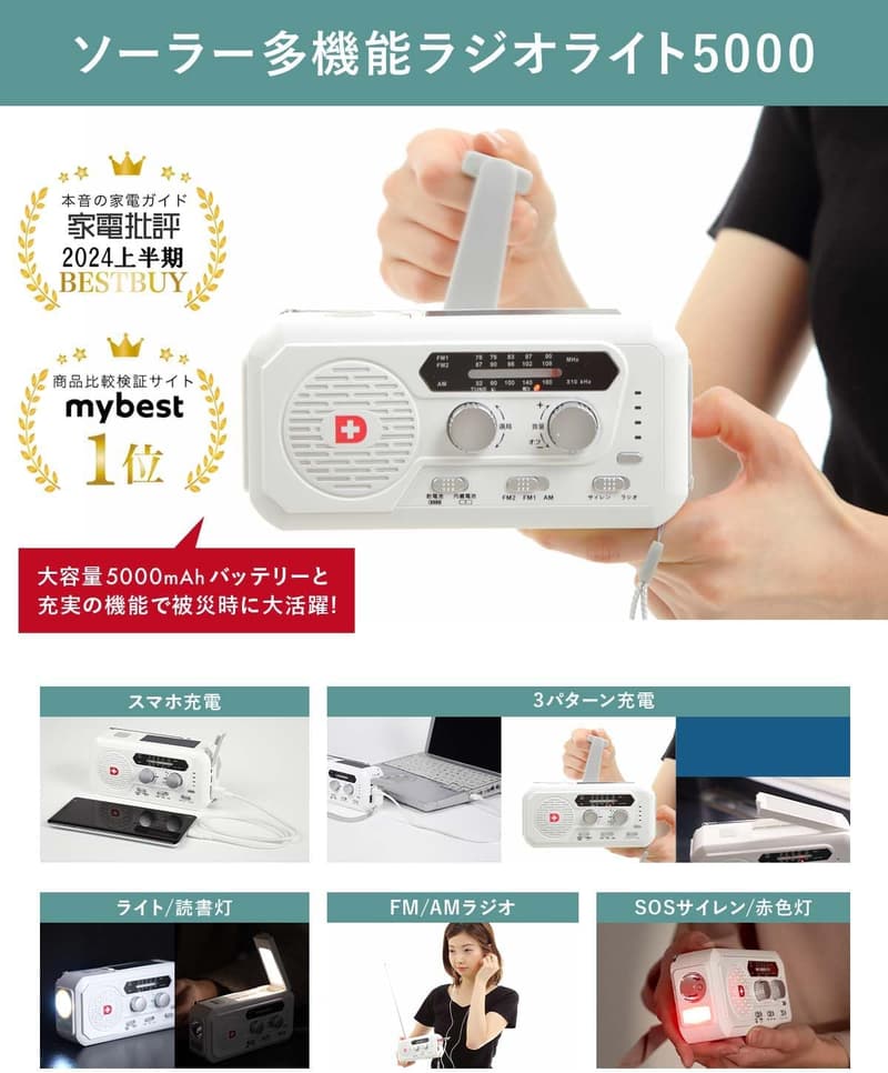 受賞歴のあるソーラー防災ラジオライト 5000mAhバッテリー搭載 手回し充電可