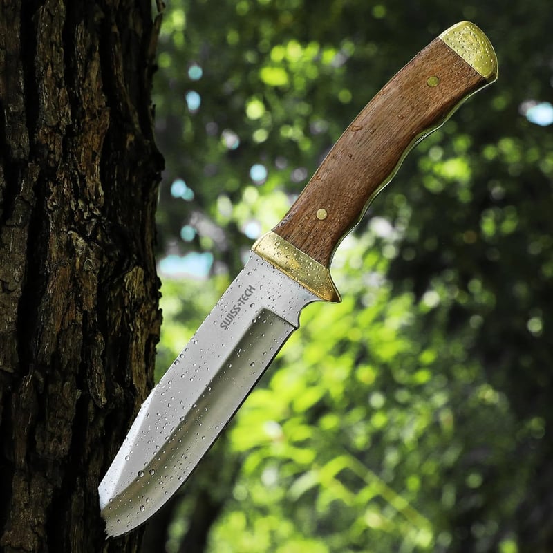 アウトドア用フルタングキャンプナイフ 天然ウッドハンドル 刃渡り約13cm ケース付き