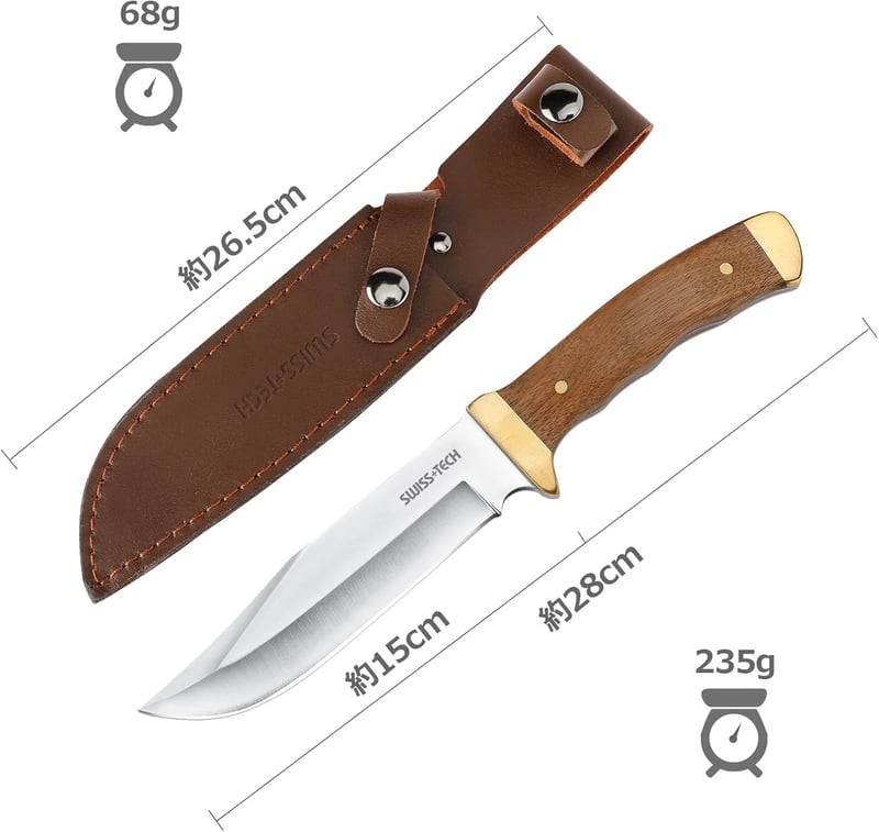 アウトドア用フルタングキャンプナイフ 天然ウッドハンドル 刃渡り約13cm ケース付き