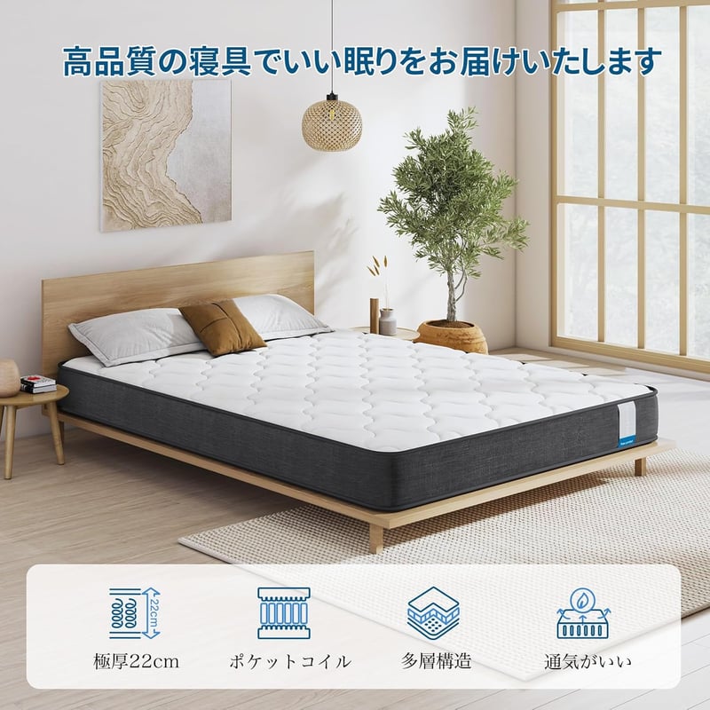 Inofia ダブルマットレス 高反発 22cm 圧縮梱包 体圧分散 通気性 収納便利