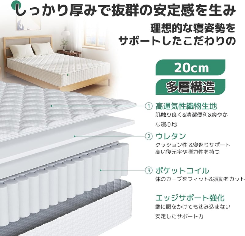 極厚20cmセミダブルマットレス 硬めポケットコイル 体圧分散 通気性 高反発 高耐久 ホワイト 120×195×20cm