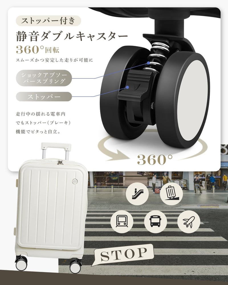 多機能フロントオープンスーツケース Sサイズ 41L 超軽量 静音 360度回転 TSAロック (ホワイト)