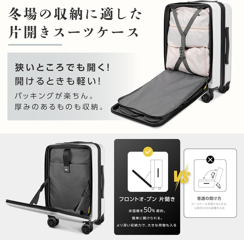 ビジネス出張用 超軽量フロントオープンスーツケース Sサイズ 40L USBポート付き
