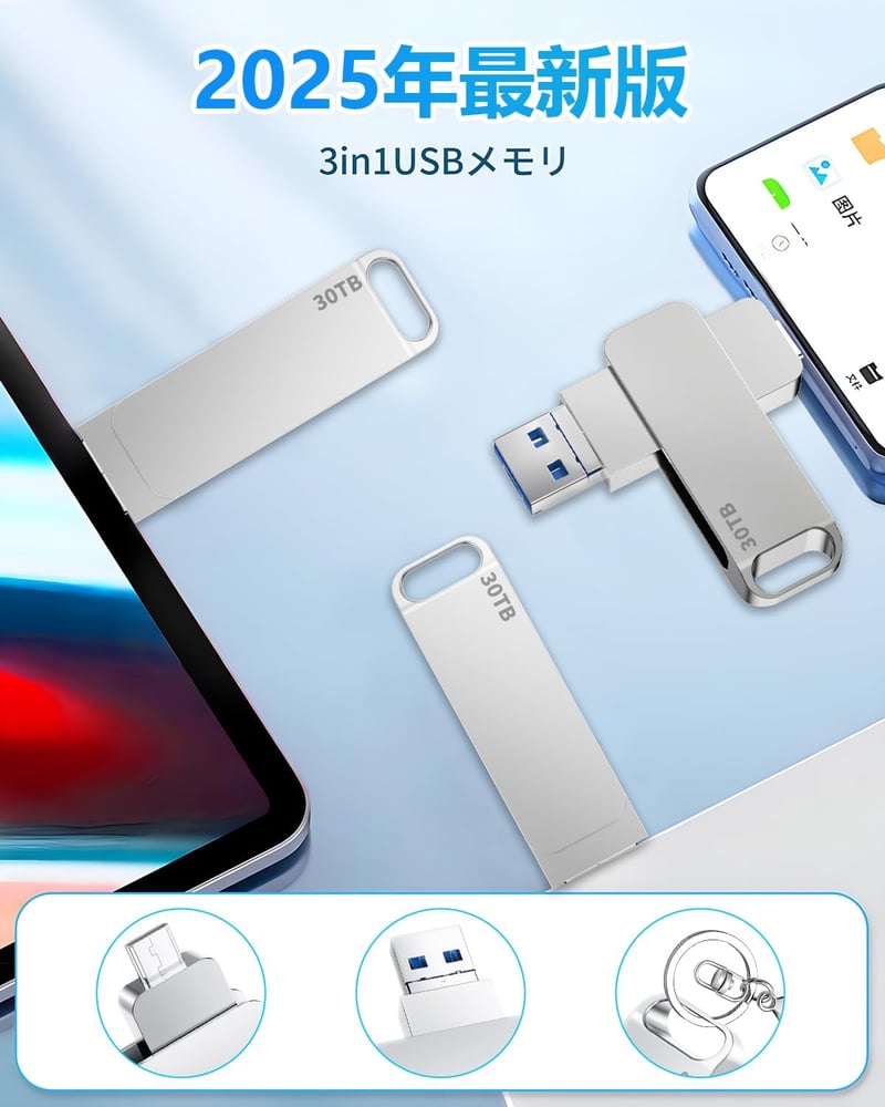 30TB USB3.0フラッシュメモリ - 高速・防水・耐衝撃 軽量合金製