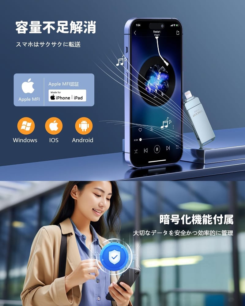 iPhone用 USBメモリー 512GB MFi認証取得 高速USB 3.0 Lightningコネクタ搭載 パスワード保護対応（グレー）