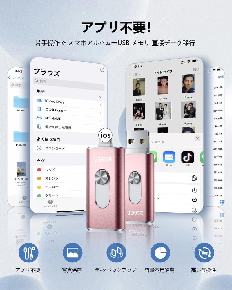 256GB スライド式4in1 USBメモリ | iOS/Type-C/Micro USB対応 | 写真保存用バッファー解消【ピンク】