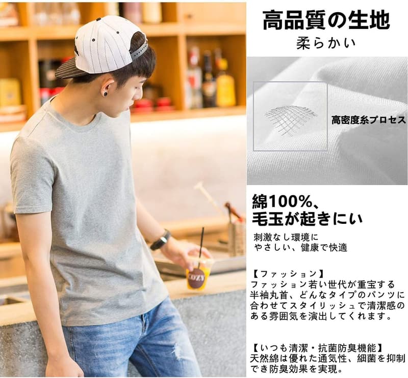 メンズ抗菌防臭 綿100% 半袖クルーネックインナーシャツ 5枚組