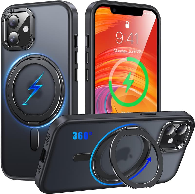 iPhone 11用 MagSafe対応360°回転スタンドケース 半透明ブラック