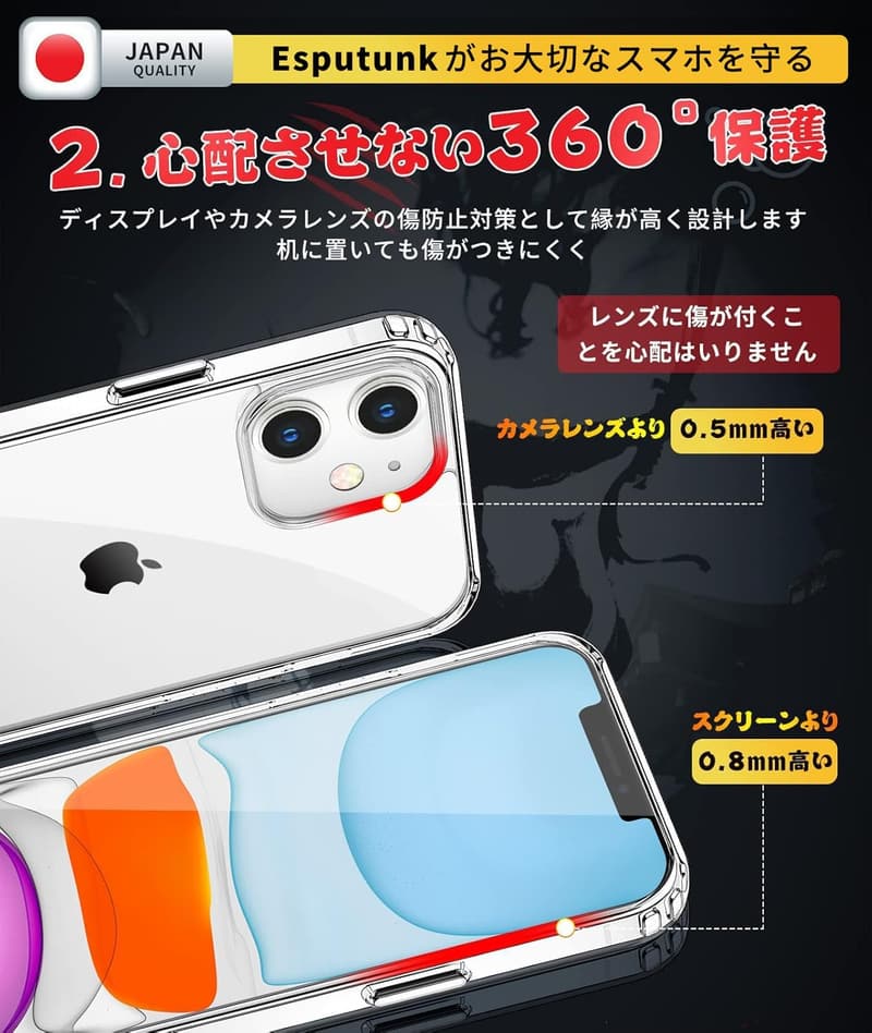 iPhone11用クリアケース 耐衝撃 軽量 薄型 米軍MIL規格 Qi無線充電 Magsafe対応 TPUバンパー付き