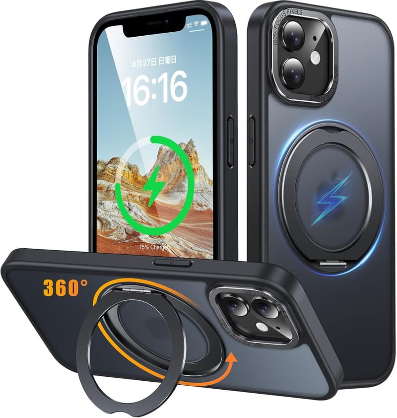 iPhone 11用マグセーフ対応耐衝撃ケース360°回転スタンド付き（半透明・マット仕上げ・ブラック）