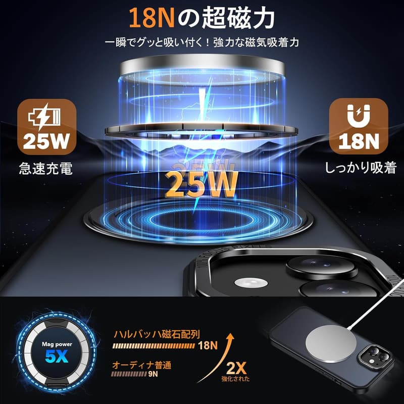 iPhone 11用マグセーフ対応耐衝撃ケース360°回転スタンド付き（半透明・マット仕上げ・ブラック）