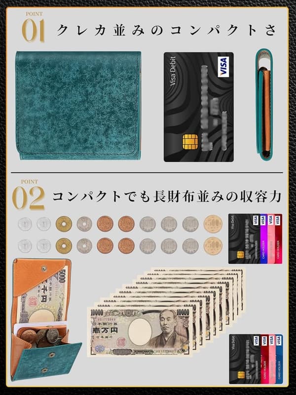 イタリアンレザー製 メンズ・レディース用2つ折りミニ財布（ペトローリオ）