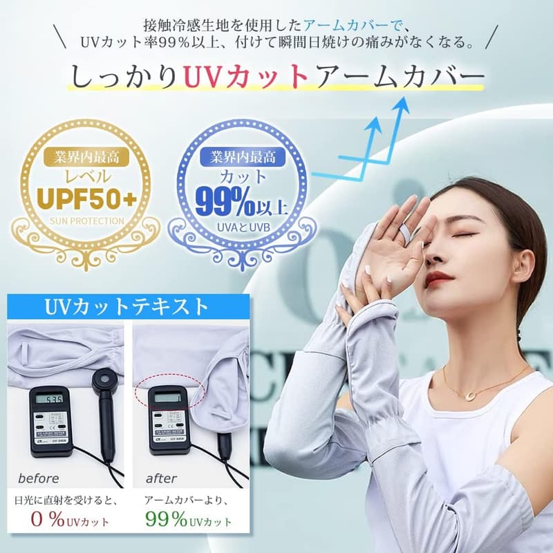 夏用 レディース アームカバー 接触冷感・UPF50+ UVカット メッシュ通気 吸汗速乾 左右セット
