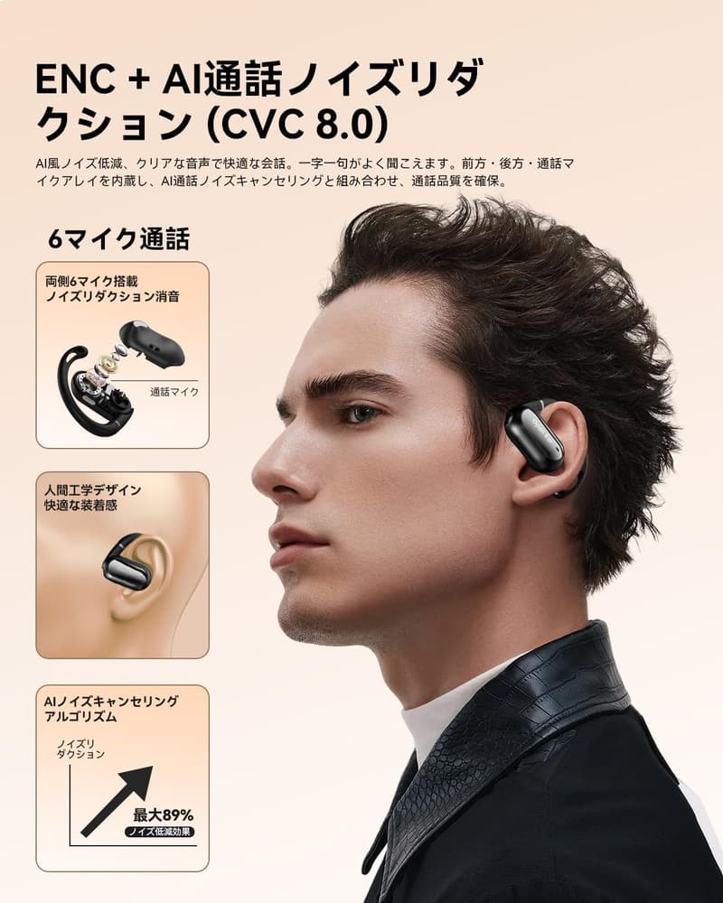 90時間再生 Bluetooth 5.4骨伝導ワイヤレスイヤホン AIノイズキャンセリング IPX7防水タイプ-C急速充電対応