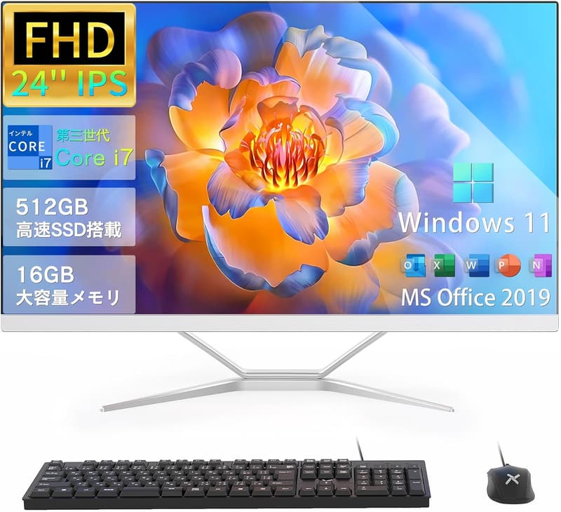 一体型パソコン 24型フルHD/第3世代Core i7/16GBメモリ/512GB SSD/Win11/MS Office 2019/無線WIFI/キーボード・マウス付属