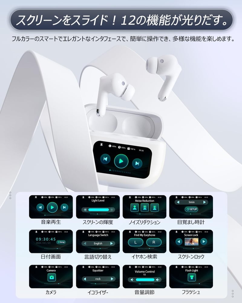 Bluetooth 6.0 ワイヤレスイヤホン ANC/ENCノイズキャンセリング タッチスクリーン 軽量 自動ペアリング（真珠白）