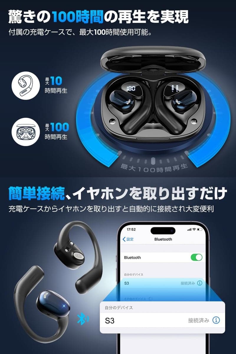 Bluetooth5.4 ワイヤレスイヤホン 骨伝導 耳掛け式 最大100時間再生 LEDディスプレイ 通勤・通学・スポーツ用（ブラック）