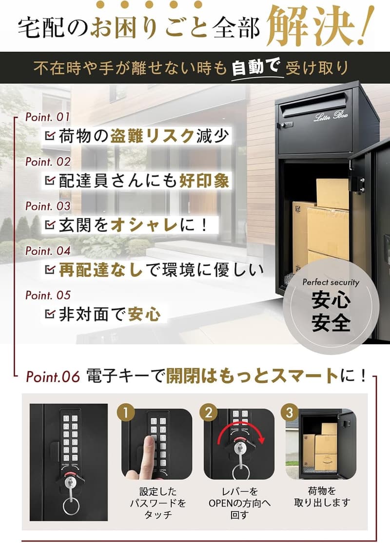 大容量電子キー付き宅配ボックス『らくぽす』RP-PBIM 防水・盗難防止タイプ【ポスト一体型】