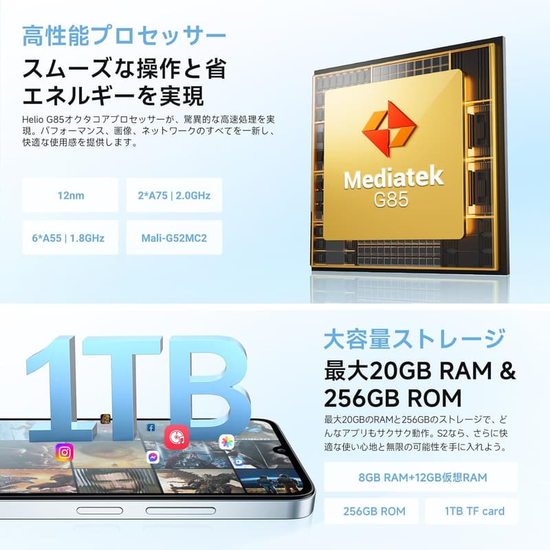 FOSSiBOT S2 SIMフリー スマートフォン 20GB+256GB/1TB拡張可能 Android 14 5000mAhバッテリー 50MP+16MPカメラ グローバルバージョン(ブルー)