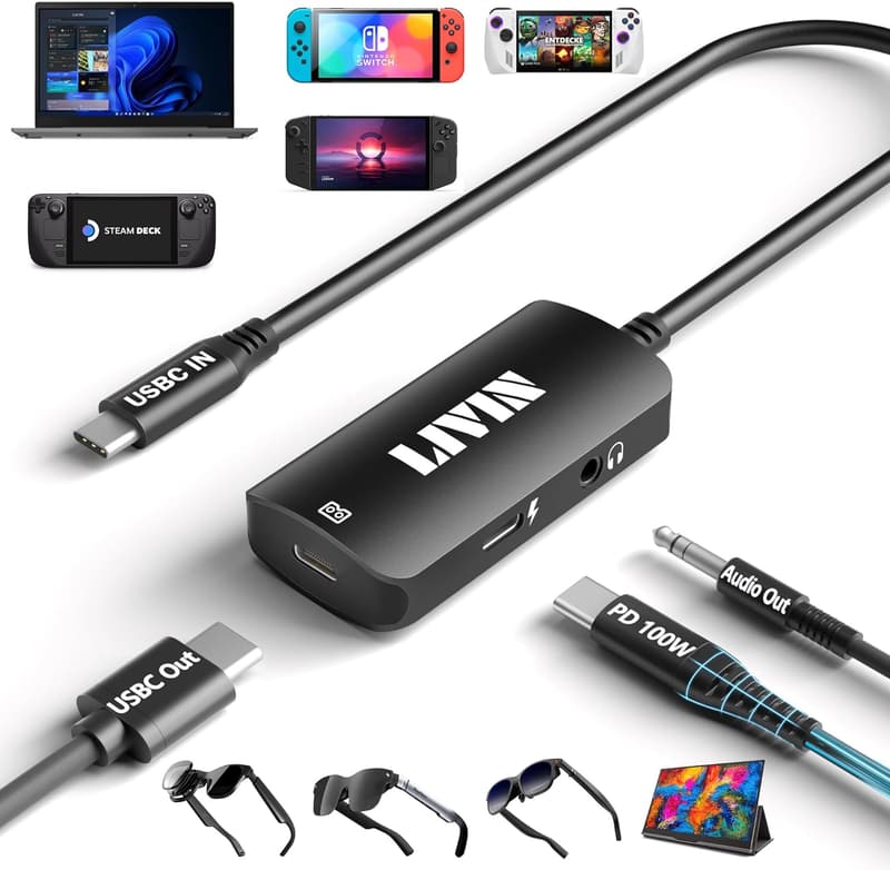 ARスマートグラス用USB-Cアダプタ【HDMI 4K@60Hz・充電100W・3.5mmポート】