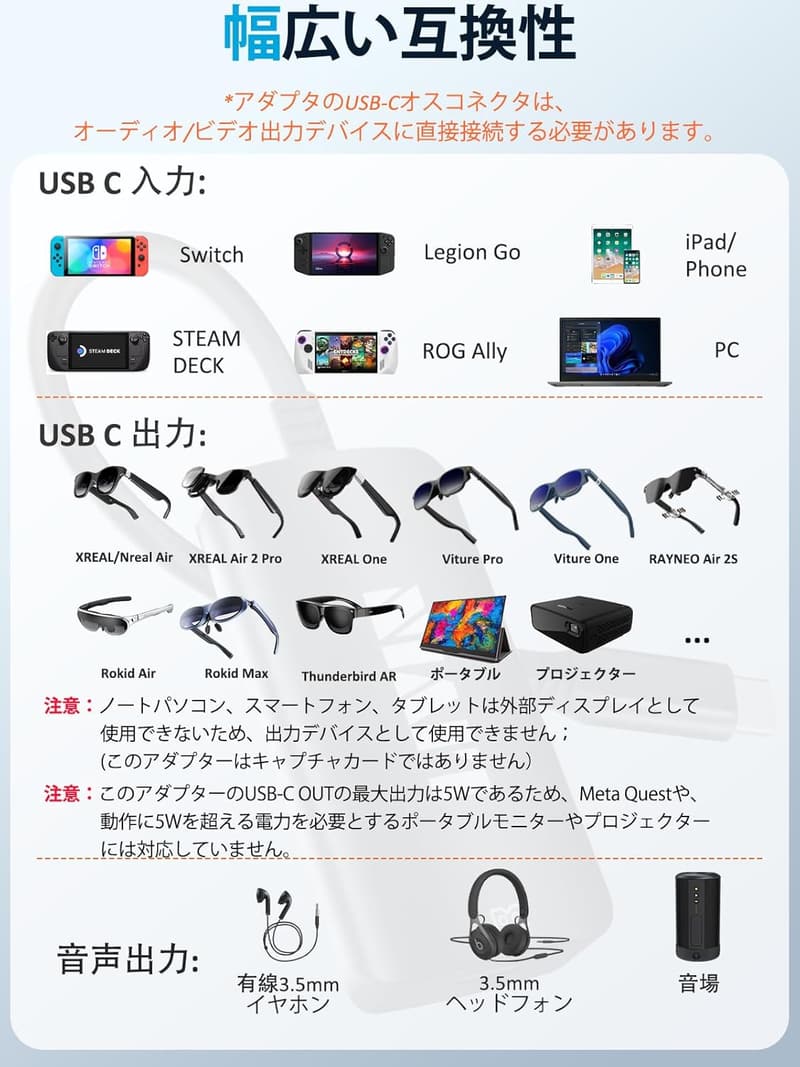 ARスマートグラス用USB-Cアダプタ【HDMI 4K@60Hz・充電100W・3.5mmポート】