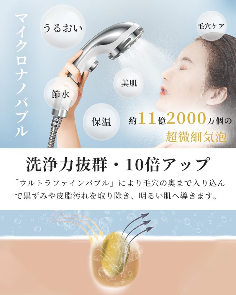 マイクロナノバブルシャワーヘッド【毛穴汚れ除去・保湿】5段階モード・止水ボタン付き