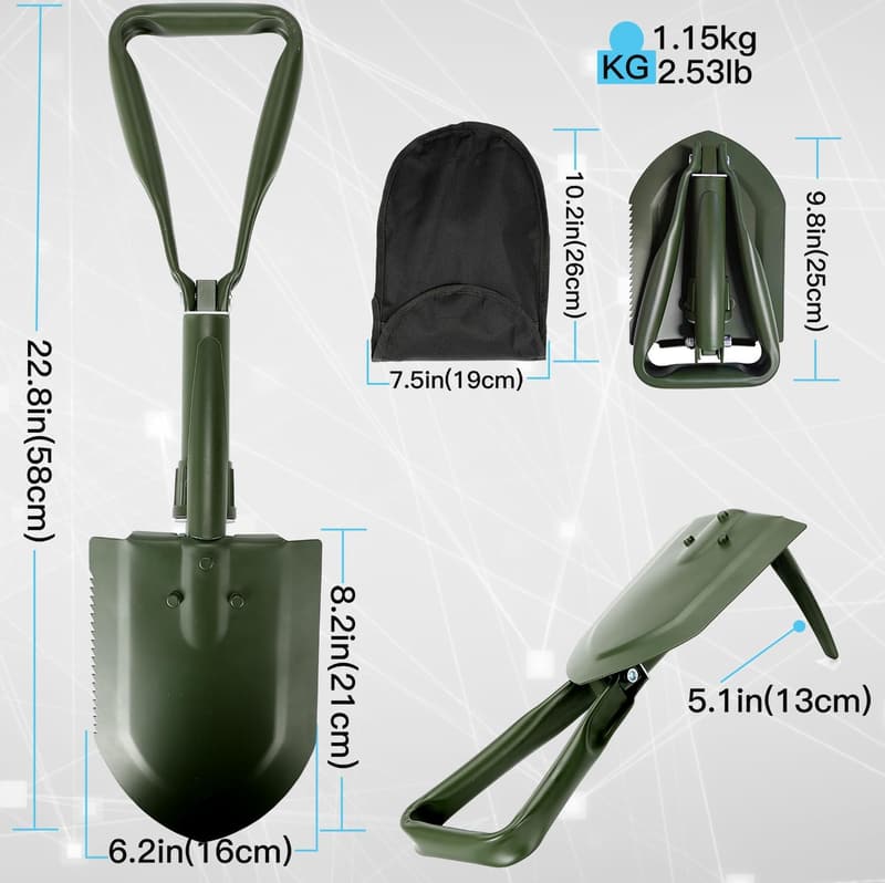 多機能折りたたみキャンピングシャベル 58cm 高炭素鋼製 収納バッグ付き アウトドア用