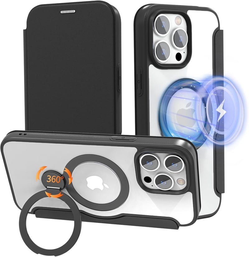 iPhone 15 Pro Max 用 360°回転手帳型ケース | MagSafe対応・カード収納・マットブラック