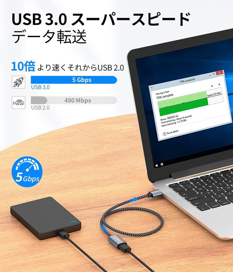 USB 3.0延長ケーブル 30cm Aオス-Aメス 5Gbps高速データ転送 ナイロン編み グレー