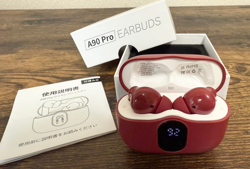 Bluetooth 5.4 ワイヤレスイヤホン - ENCノイズキャンセリング, 最大40時間再生, IPX7防水, タッチ操作, ダークレッド