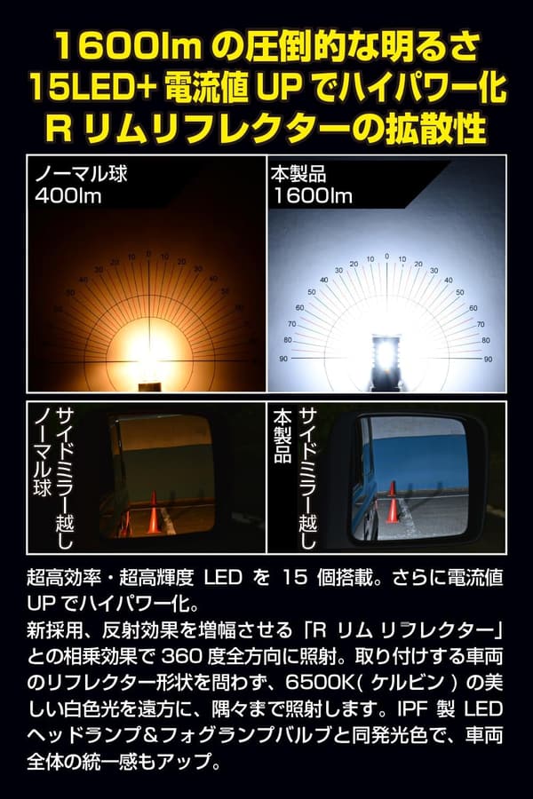 車検対応 T20 バックランプ LED 1600lm 6500K ホワイト 1個入