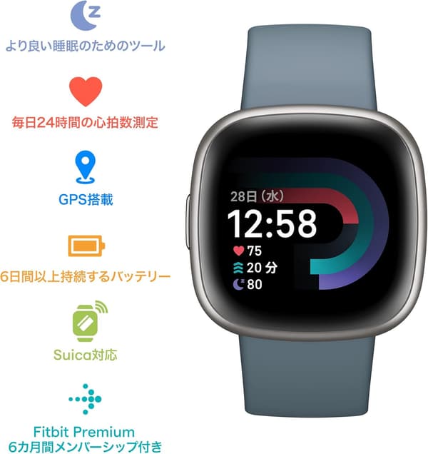 Fitbit Versa 4 スマートウォッチ【Suica対応・ウォーターフォールブルー・6日間バッテリー・Alexa&GPS搭載】