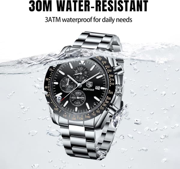 ビジネスシーンに最適なシンプルなメンズクロノグラフ腕時計 シルバー×ブラック 30m防水 革ベルト