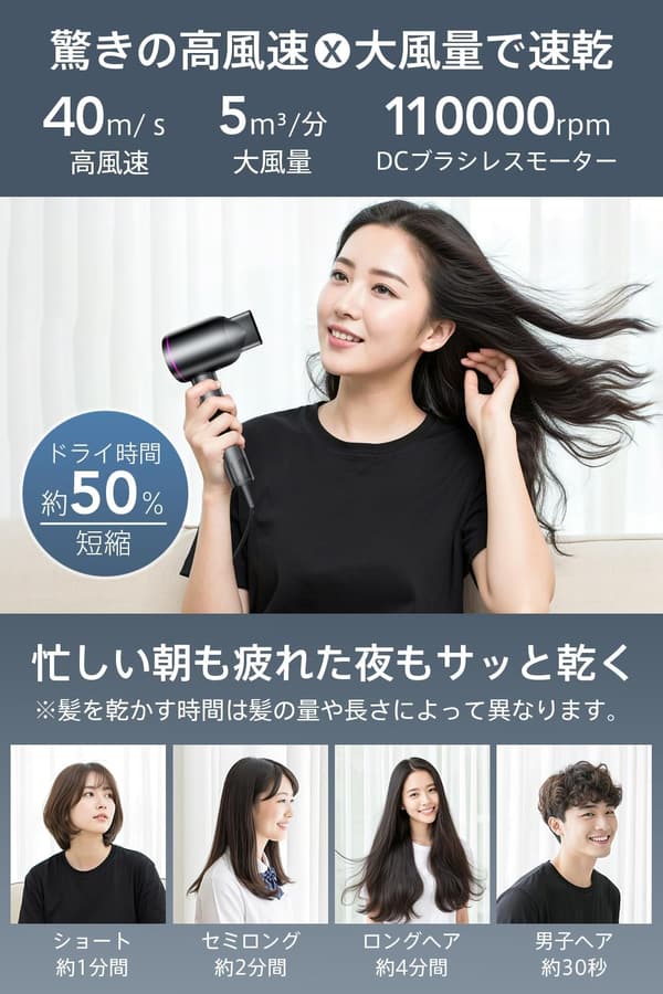 新型高風速ヘアドライヤー - AI温度制御・美容師監修・マイナスイオン搭載【コンパクト・持ち運び便利・PSE認証】