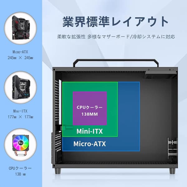 ミドルタワーPCケース 透明強化ガラス MICRO-ATX 黒色