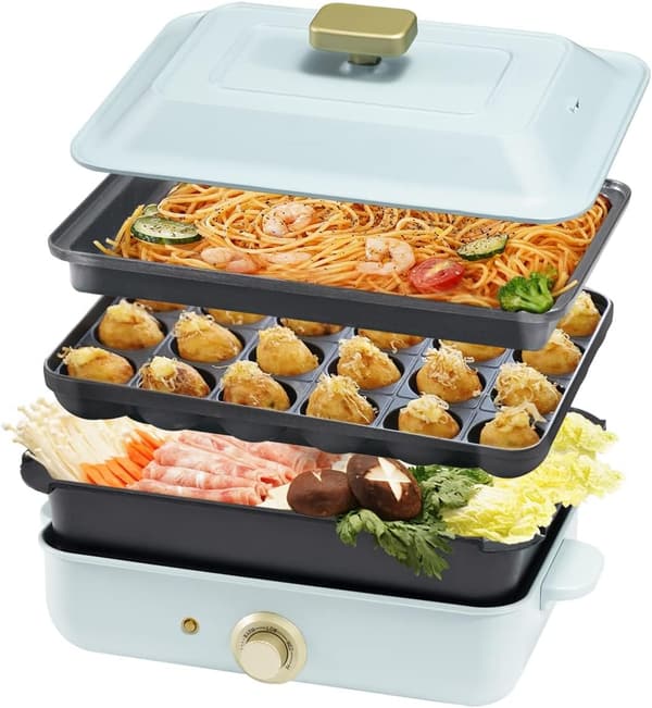 多用途ホットプレート しゃぶしゃぶ・焼肉・たこ焼き用 3枚タイプ 着脱可能 A4サイズ 1200W (ブルー)