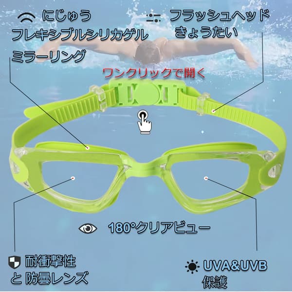 大人用 180°広視野 水泳ゴーグル UVカット・曇り止め・調整可能・シリコン製