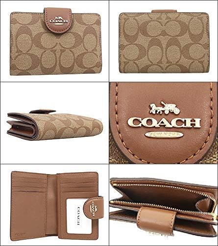 レディースコーチ二つ折り財布 シグネチャーPVCレザー 中型コーナージップ 財布 カーキ×サドル