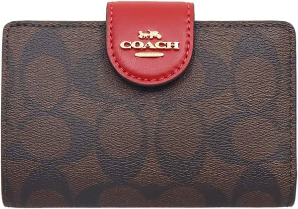 13周年記念 COACH 二つ折り財布 シグネチャー PVCレザー ブラウン×レッド レディース
