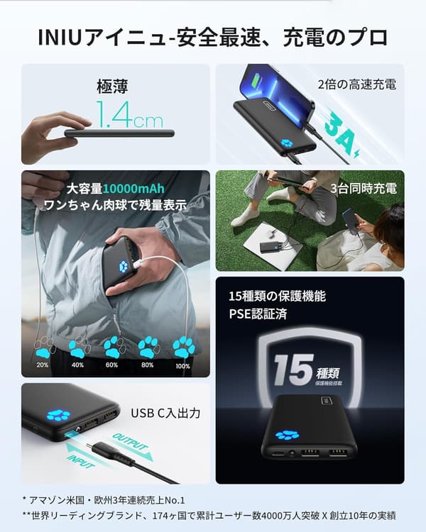 モバイルバッテリー 10000mAh 大容量・軽量・薄型【USB-C入出力×1 & USB-A出力×2】アウトドア/緊急用【ブラック】