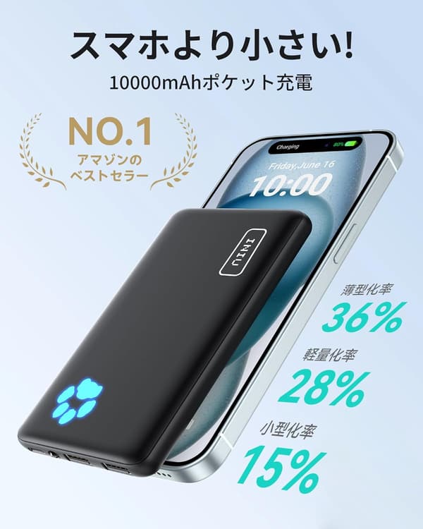 モバイルバッテリー 10000mAh 大容量・軽量・薄型【USB-C入出力×1 & USB-A出力×2】アウトドア/緊急用【ブラック】