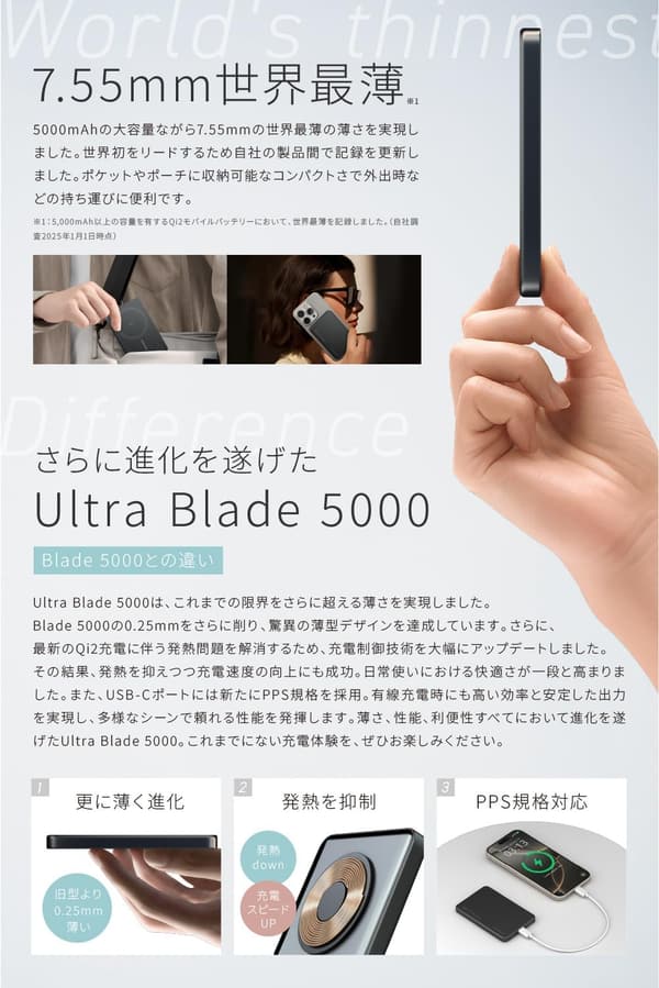 マグセーフ対応超薄型モバイルバッテリー 5000mAh ブラック【最大出力15W ワイヤレス・タイプC PD22W】