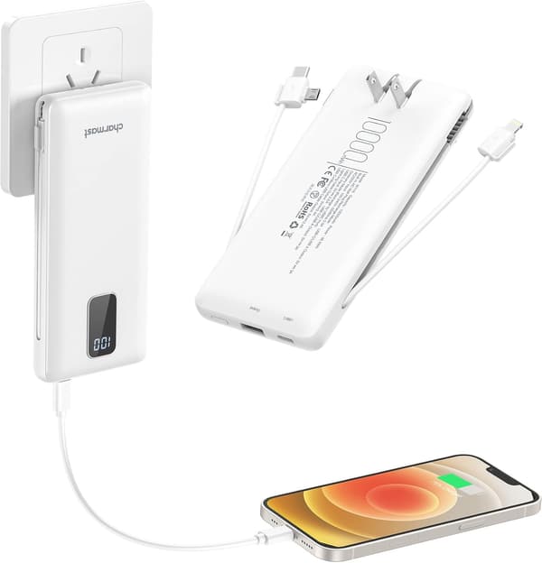 大容量10000mAhモバイルバッテリー 折畳みプラグ・内蔵ケーブル・急速充電対応 (ホワイト)