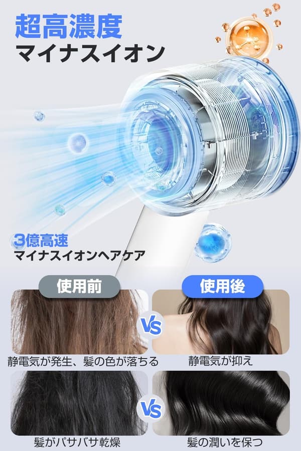 ワンタッチ冷風切替・1300W高風量ヘアドライヤー｜美容師監修・静電気除去・NTC温度制御・軽量ホワイト