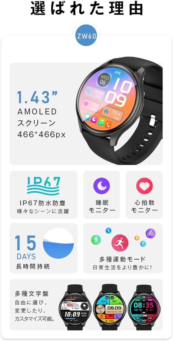iPhone・Android対応スマートウォッチ 1.43インチAMOLED 防水機能 Bluetooth5.3 メンズ・レディース用