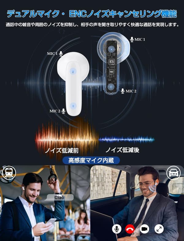Bluetoothイヤホン 2024年モデル 最大50時間連続再生 ノイズキャンセリング タッチ操作 iPhone/Android対応