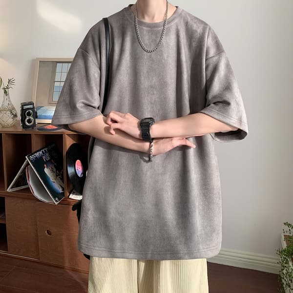 スエード半袖Tシャツ メンズ 春夏カジュアルトップス