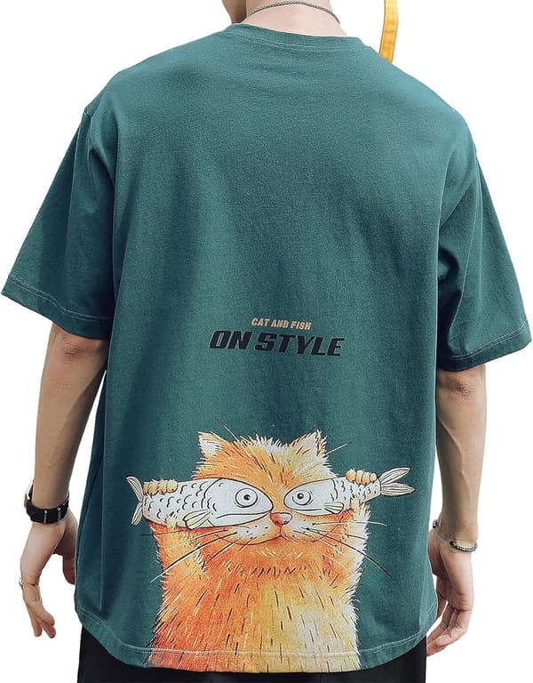 メンズ 猫バックプリント 半袖Tシャツ 夏用 カジュアル かわいい 男女兼用