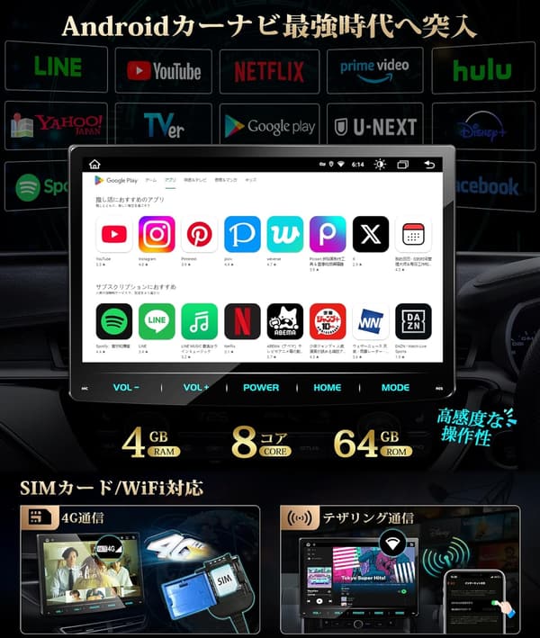 Androidナビ+DVDプレーヤー一体型 10.1インチ QLEDディスプレイ 車載オーディオ【WIFI/SIM対応】Bluetooth GPS内蔵 2DIN【技適取得】【PRA107】
